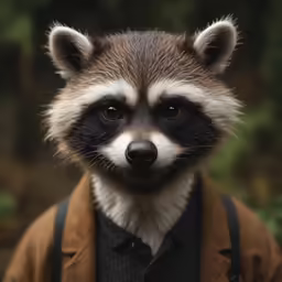the racoon is wearing a brown jacket and vest