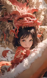 a young girl with dragon like headdress in the snow