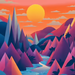 a painting of a mountain landscape at sunset