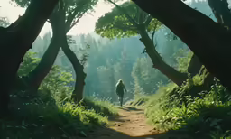a man is walking in a grove near many trees