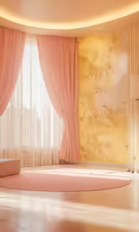 a room with a circular floor next to the window