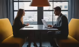 a man and woman sitting at a table using laptop computers