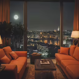 view of city lights from large living room window