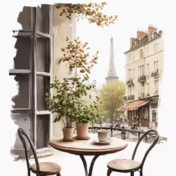 two small table and chairs sitting outside near a window