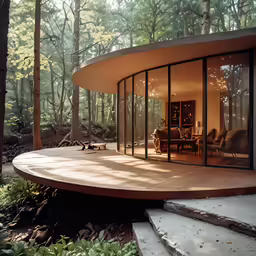 a glass enclosed room in the middle of the woods
