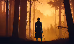 a person with a cane stands on a path in the woods,a woman standing in a forest at sunrise with a rifle