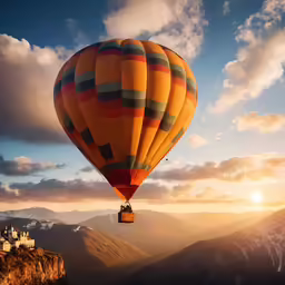 a balloon is flying above some mountains