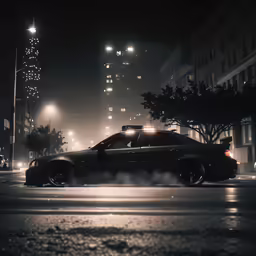 police car on city street at night with lots of lights