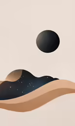 a painting of two black balls over a hill