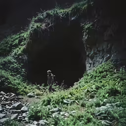 a man in an open dark cave surrounded by vegetation