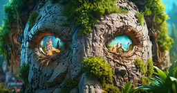 some strange tree faces with moss growing up them