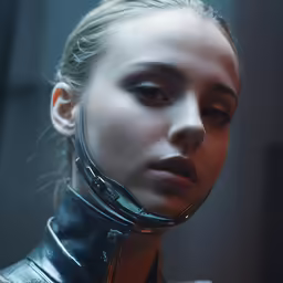 a beautiful woman wearing a futuristic metal mask
