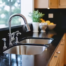 the modern style kitchen has black granite countertops