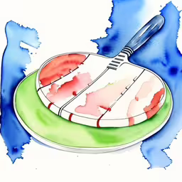 a plate with some type of food on it,a drawing of some food on top of a green plate,an artistic painting with different foods and utensils,the plate with fruit is next to a fork,drawing of a pancake with a large spatula