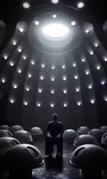 a man sitting in front of white oval couches