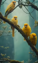 a group of yellow birds sitting on top of a tree