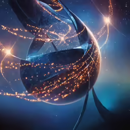 an abstract graphic, with stars and swirls in the background
