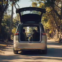 a white car with two people sitting in the back