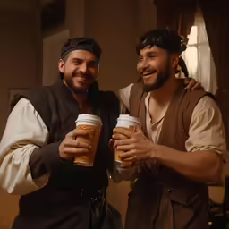 two men dressed in renaissance costumes holding coffee cups