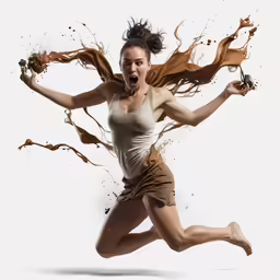 a woman runs through the air with a phone in her hand