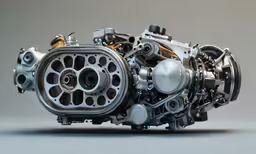 a close up of an engine on a gray background
