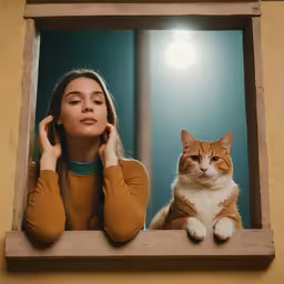 a woman is in the window with her orange and white cat