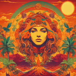 a girl with a colorful background in front of an orange sky,the head and shoulders of an african woman with red hair, a crown on her head and mountains in the background