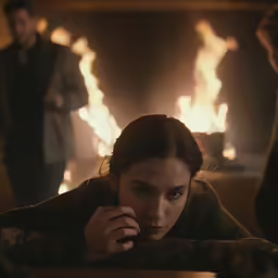 a woman sitting in front of a fire place
