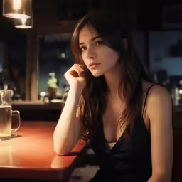 a young woman sitting at a table with a glass of water