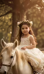 a little girl in white dress riding on horse in park