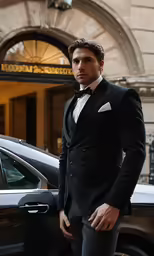 a man with a suit in front of a car