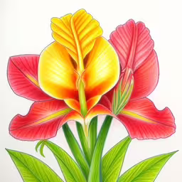 this is an image of flowers drawn in colored pencils,this is a picture of a pink and yellow flower