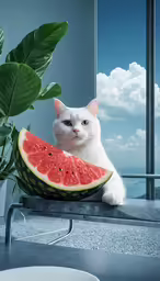 a cat sitting on a window sill next to a half - eaten watermelon