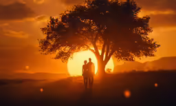 couple walking down the trail at sunset in an open field