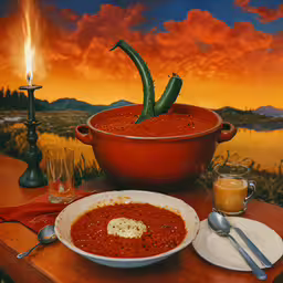 a plate of soup is on a table,a bowl of sauce and a plate of food on a table
