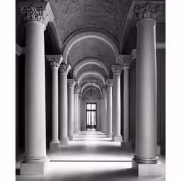 large pillars line the hallway between two long rooms