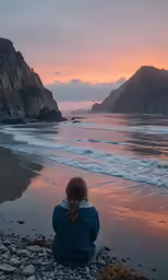 woman looking at beautiful landscape during sunset on shore