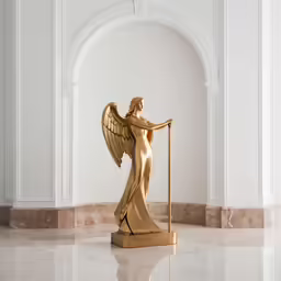 golden angel sculpture in a white marble room with archway