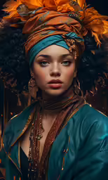 a woman in headgear with long hair is dressed up