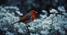 a red and gray bird is perched on a flower