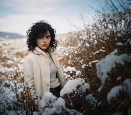 a young girl with very short dark hair stands alone in a snowy field