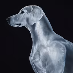 a dog standing and looking up in a dark room