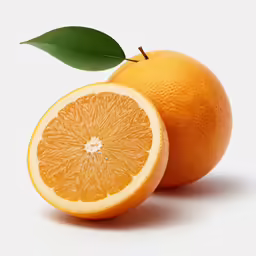 two oranges sitting side by side with a green leaf