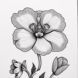 an inked flower sits on a paper,an ink drawing of a large flower with leaves on the side