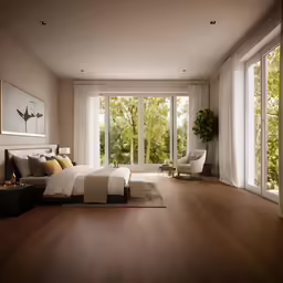 a bedroom with an open door leading into a lush garden