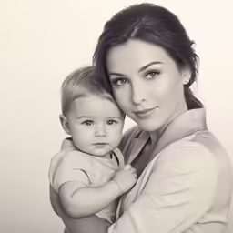 a young woman holding her baby in the air