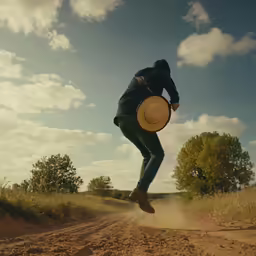 the person jumps while holding a hat