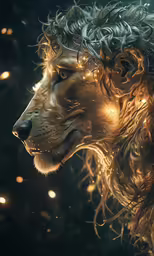 a lion with long hair and gold eyes is looking up