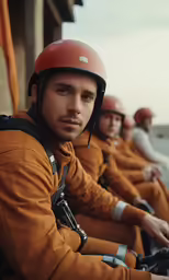a row of guys with helmets on