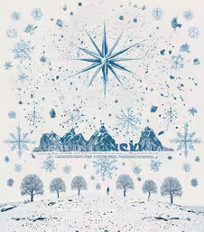 a drawing of a star that is over the hills and mountains,a large star is on a snowy sky